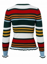 Multi Women's Striped Round Neck Long Sleeve Slim Color Block Pullover Sweater