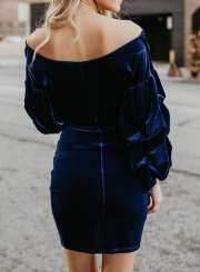 Blue Sexy Off Shoulder Lantern Sleeve Irregular Solid Color Bodycon Mini Dress