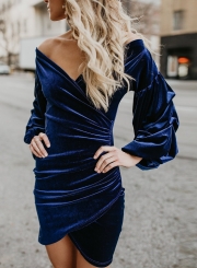 Blue Sexy Off Shoulder Lantern Sleeve Irregular Solid Color Bodycon Mini Dress