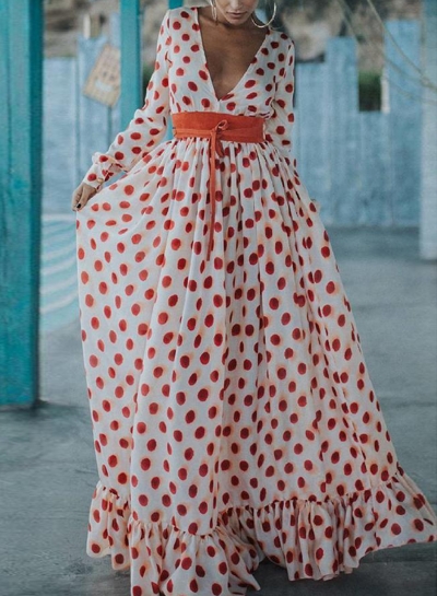 White Polka Dot V Neck Long Sleeve Beach Ruffle Maxi Dress With Belt