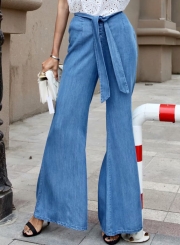 Blue Elastic Waist Bow Tie Wide Leg Bell-Bottom Jeans With Buttons