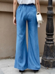 Blue Elastic Waist Bow Tie Wide Leg Bell-Bottom Jeans With Buttons