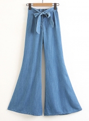 Blue Elastic Waist Bow Tie Wide Leg Bell-Bottom Jeans With Buttons