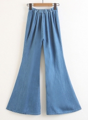 Blue Elastic Waist Bow Tie Wide Leg Bell-Bottom Jeans With Buttons