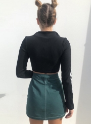 Black Sexy Long Sleeve Full Zip Slim Color Block Crop Top