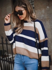 Yellow Casual Striped Long Sleeve Round Neck Loose Sweater