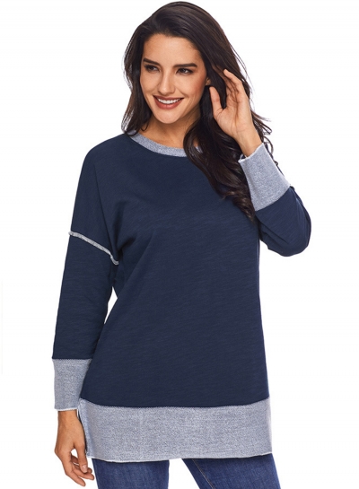 Navy Round Neck Long Sleeve Color Block Loose Long Swweatshirt YOUYOUFASHIONEC.com