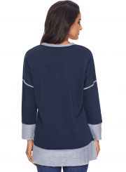 Navy Round Neck Long Sleeve Color Block Loose Long Swweatshirt