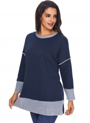 Navy Round Neck Long Sleeve Color Block Loose Long Swweatshirt