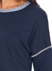 Navy Round Neck Long Sleeve Color Block Loose Long Swweatshirt