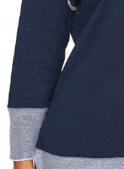 Navy Round Neck Long Sleeve Color Block Loose Long Swweatshirt