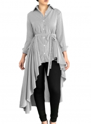 Grey Striped Long Sleeve High Low Loose Button Down Shirt With Belt