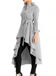 Grey Striped Long Sleeve High Low Loose Button Down Shirt With Belt