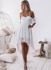 Spaghetti Strap Off Shoulder High Waist Lace Hollow Out High Low Dress