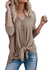 Casual Button Down Front Knot Knit Sweaters Shirt