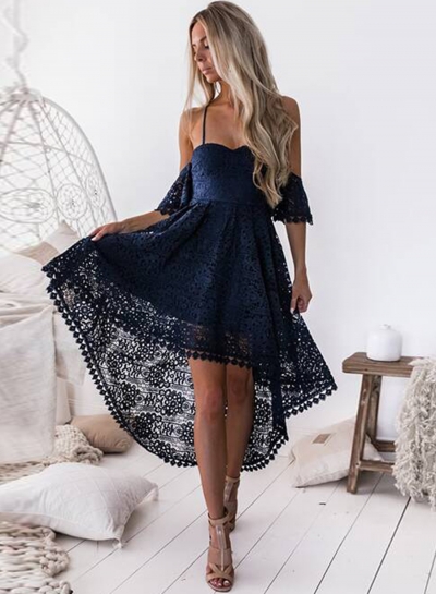 Spaghetti Strap Off Shoulder High Waist Lace Hollow Out High Low Dress YOUYOUFASHIONEC.com