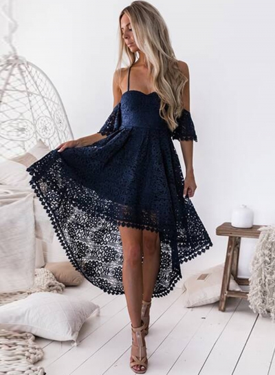 Spaghetti Strap Off Shoulder High Waist Lace Hollow Out High Low Dress STYLESIMO.com
