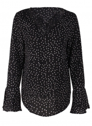 Chiffon Polka Dot Flare Sleeve Crisscross Strap V Neck Blouse