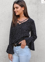 Chiffon Polka Dot Flare Sleeve Crisscross Strap V Neck Blouse