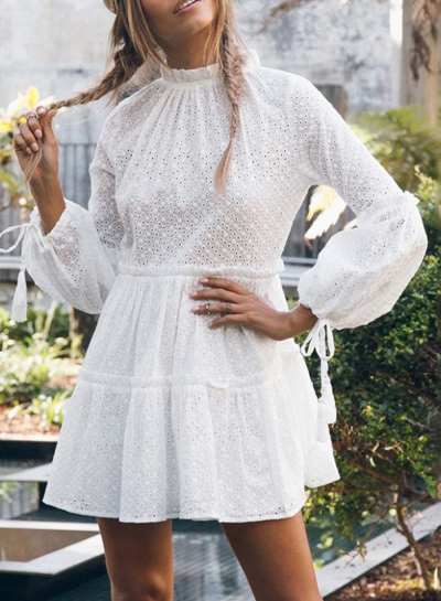 White Casual Round Neck Lantern Sleeve High Waist Hollow Out Mini Dress