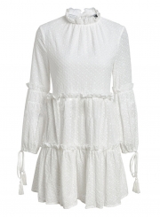 White Casual Round Neck Lantern Sleeve High Waist Hollow Out Mini Dress