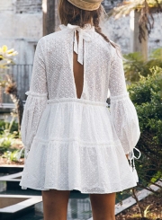 White Casual Round Neck Lantern Sleeve High Waist Hollow Out Mini Dress