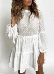 White Casual Round Neck Lantern Sleeve High Waist Hollow Out Mini Dress