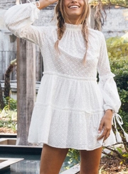 White Casual Round Neck Lantern Sleeve High Waist Hollow Out Mini Dress