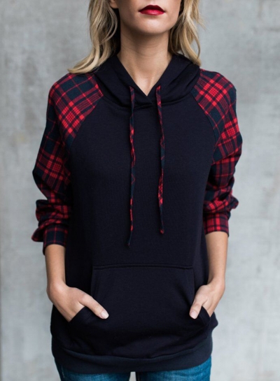 Casual Colorblock Plaid Sleeve Loose Hoodie YOUYOUFASHIONEC.com