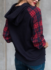 Casual Colorblock Plaid Sleeve Loose Hoodie