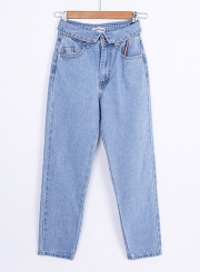 Light Blue Casual Wash High Waist Loose Straight Jeans With Pockets
