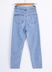 Light Blue Casual Wash High Waist Loose Straight Jeans With Pockets