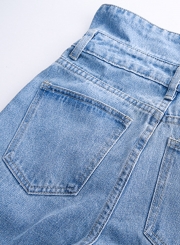 Light Blue Casual Wash High Waist Loose Straight Jeans With Pockets