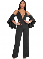 Black Fashion Sexy Solid Flounce Sleeve V Neck Back Zip Wide Leg Jumpsuit