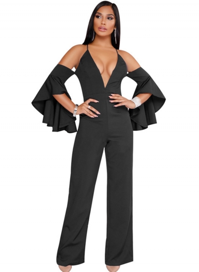 Black Fashion Sexy Solid Flounce Sleeve V Neck Back Zip Wide Leg Jumpsuit