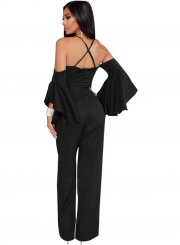 Black Fashion Sexy Solid Flounce Sleeve V Neck Back Zip Wide Leg Jumpsuit