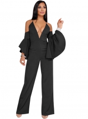 Black Fashion Sexy Solid Flounce Sleeve V Neck Back Zip Wide Leg Jumpsuit