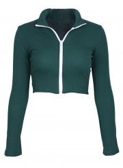 Green Sexy Long Sleeve Full Zip Slim Color Block Crop Top