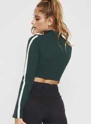Green Sexy Long Sleeve Full Zip Slim Color Block Crop Top