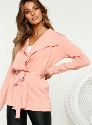 Turn-Down Collar Long Sleeve Solid Color Cardigan Waist Tie Coat