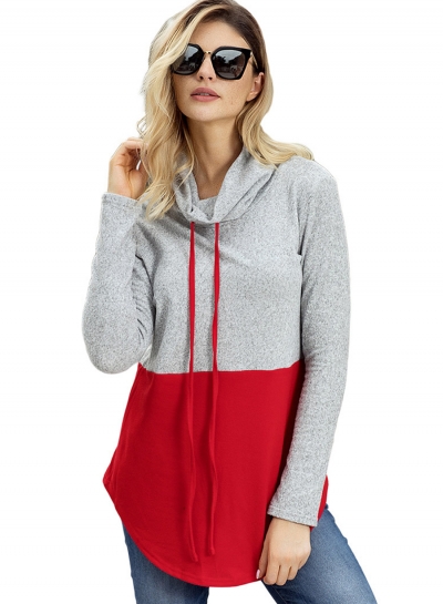 Red High Neck Long Sleeve Color Block Loose Pullover Sweatshirt YOUYOUFASHIONEC.com