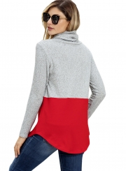 Red High Neck Long Sleeve Color Block Loose Pullover Sweatshirt