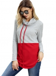 Red High Neck Long Sleeve Color Block Loose Pullover Sweatshirt