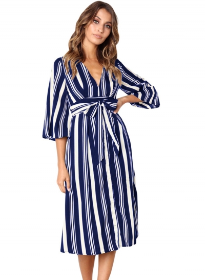 Blue Summer Striped V Neck Half Sleeve High Waist Midi Dress With Belt YOUYOUFASHIONEC.com