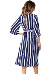 Blue Summer Striped V Neck Half Sleeve High Waist Midi Dress With Belt