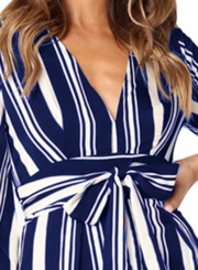 Blue Summer Striped V Neck Half Sleeve High Waist Midi Dress With Belt