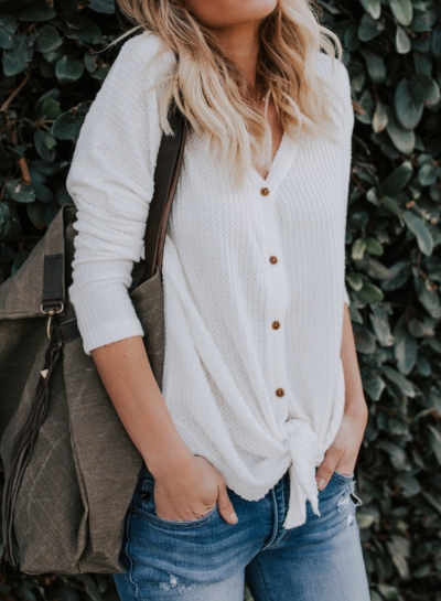 Casual Button Down Front Knot Knit Sweaters Shirt