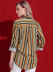 Yellow Striped Long Sleeve Turn-Down Collar Loose Button Down Shirt