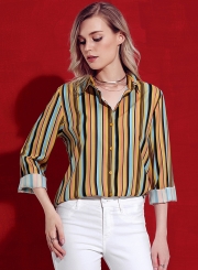Yellow Striped Long Sleeve Turn-Down Collar Loose Button Down Shirt