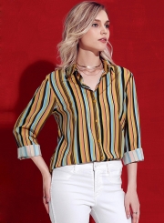 Yellow Striped Long Sleeve Turn-Down Collar Loose Button Down Shirt